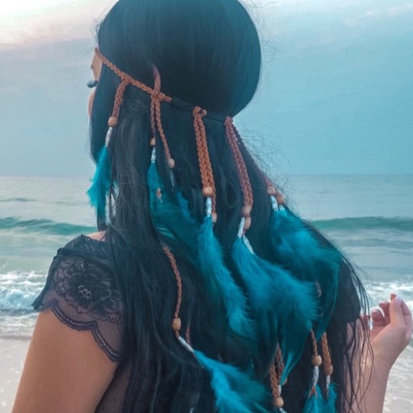 Bohemian Long Blue Feather Headdress Headband - Picture 2 of 14